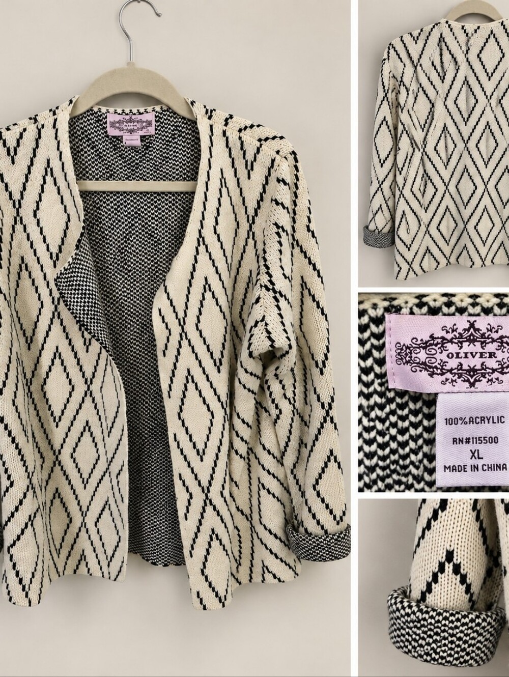 Olivers Black and Cream Diamond Open-Front Cardigan
